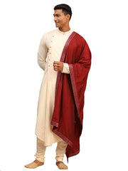 Men's Cream Viscose Blend Kurta Pyjama Set With Dupatta