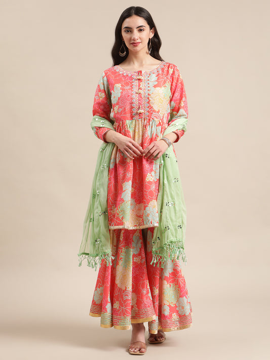 Coral And Sea Green Floral Printed Kurta Sharara Set With Sea Green Mirror Work Dupatta.