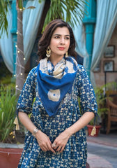 Women Blue Mirror Work Yoke Embroidered A-Line Kurta Paired With Tonal Afghan Bottom And With Dupatta