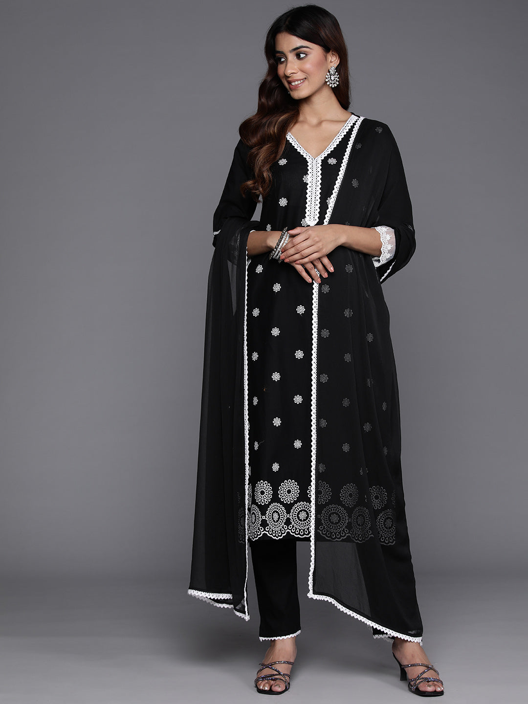 Women Black Thread Embroidered Straight Kurta With Bottom And Dupatta