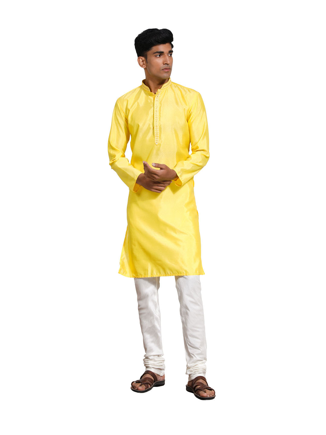 Men's Yellow And Cream Silk Blend Kurta Pyjama Set