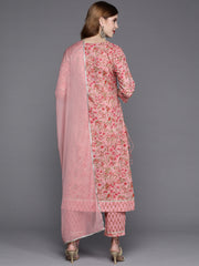 women floral printed embroidered kurta with straight pant and chiffon dupatta