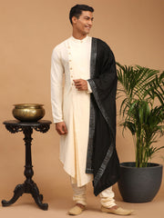 Men's Cream Viscose Blend Kurta Pyjama Set With Dupatta