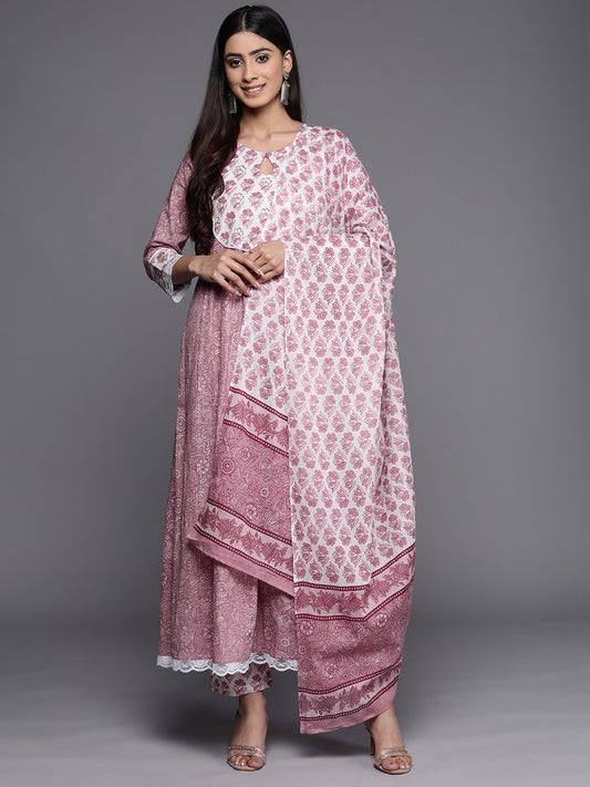 Kalini Women Mauve Printed A-Line Kurta Paired With Contrast Printed Bottom And Dupatta