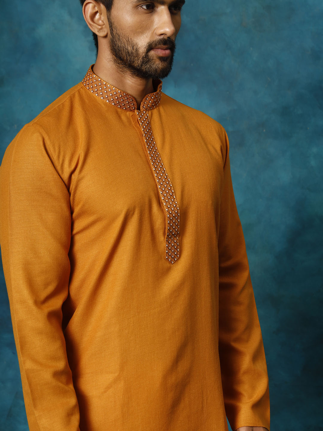 Men's Rust And Cream Cotton Blend Kurta Pyjama Set