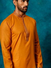 Men's Rust And Cream Cotton Blend Kurta Pyjama Set