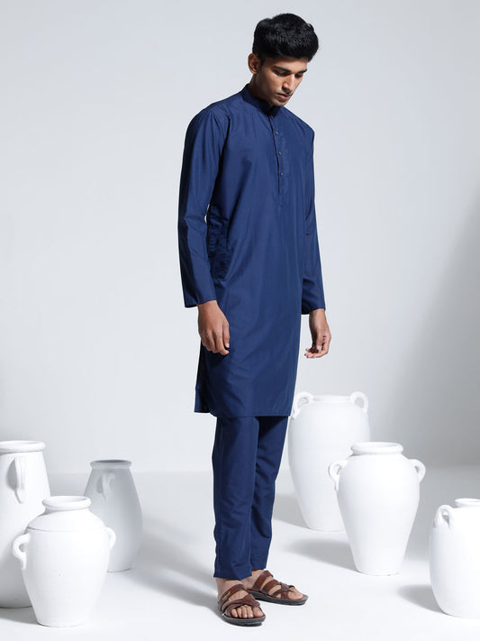 Men's Navy Blue Cotton Silk Kurta And Pyjama Set