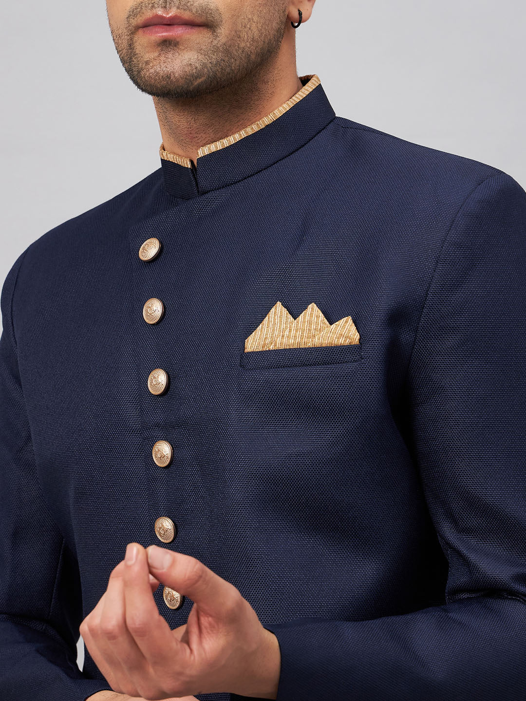 Men's Dark Blue Polyester Lurex Blend Sherwani Only Top