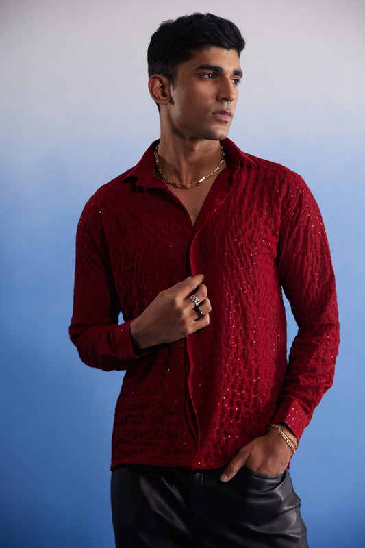 Men's Maroon Georgette Ethnic Shirt