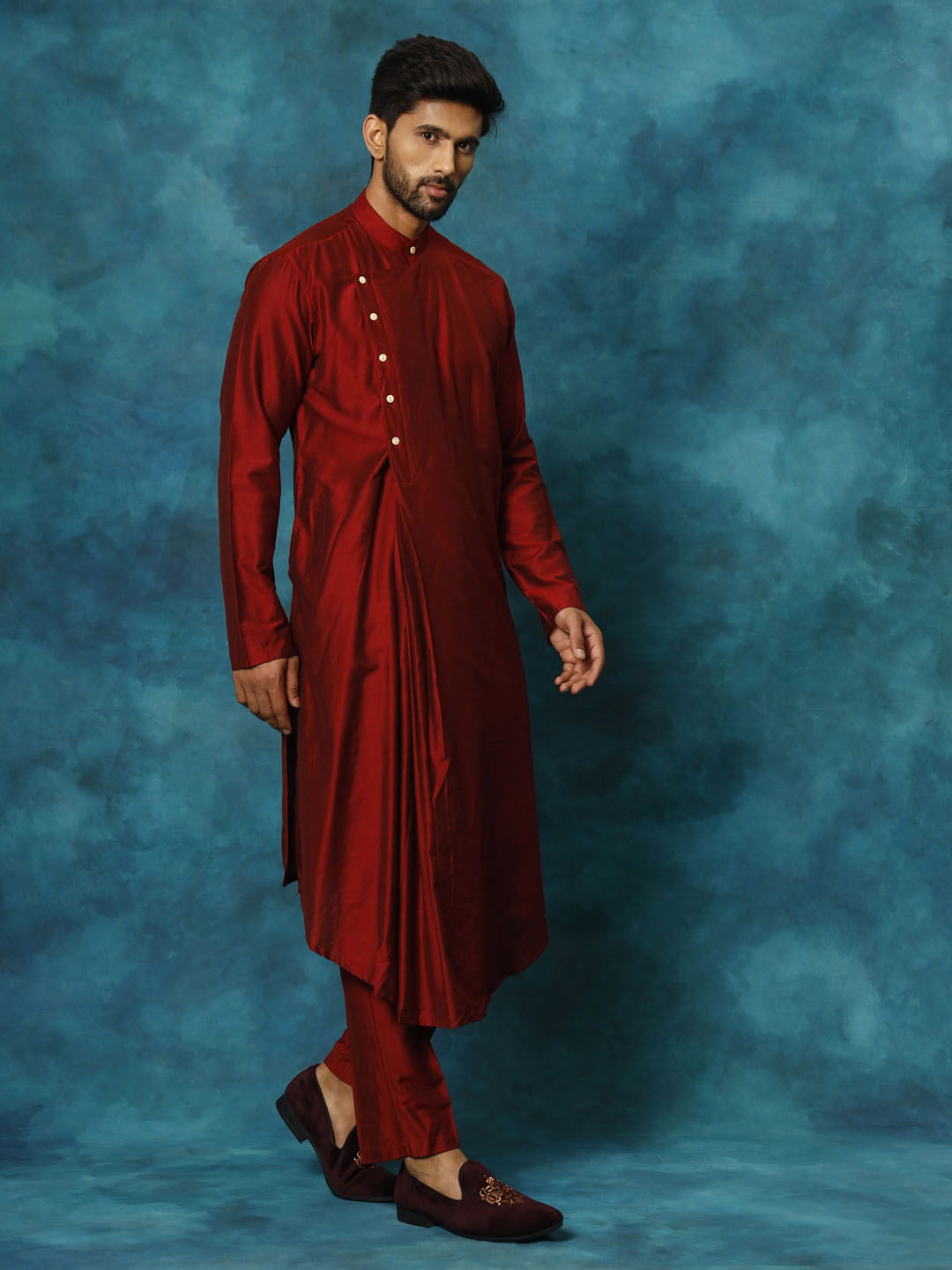 Men's Maroon Viscose Blend Kurta