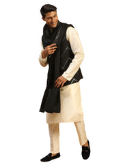 Men's Black And Cream Viscose Jacket, Kurta and Pyjama Set