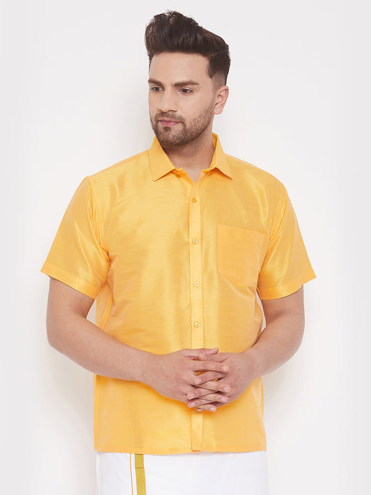 Men's Yellow Silk Blend Ethnic Shirt