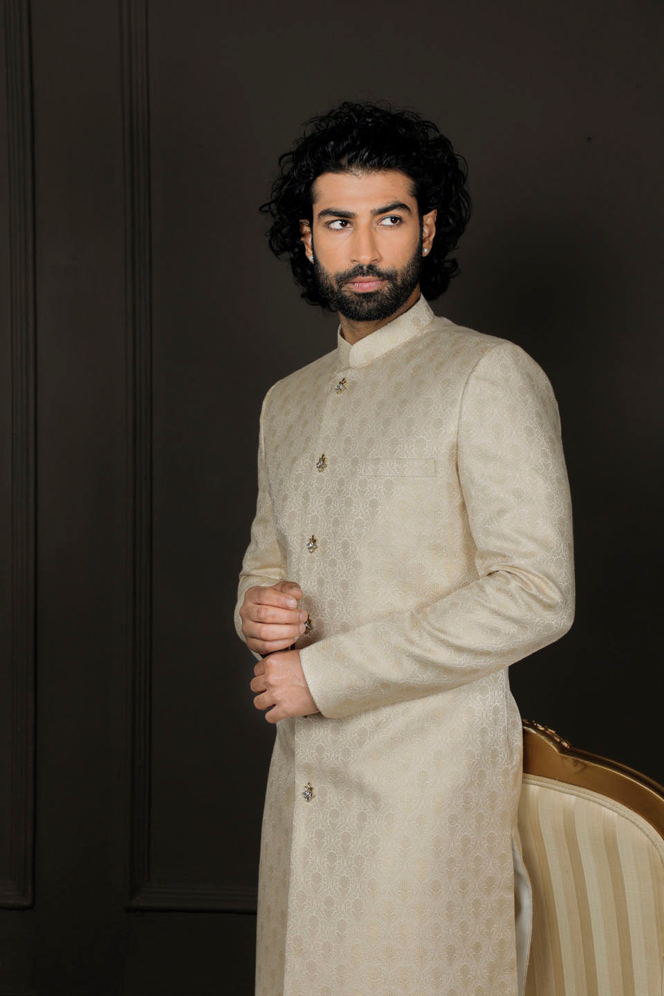 Men's Gold And Cream Silk Blend Sherwani Set