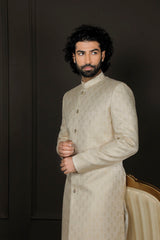 Men's Gold And Cream Silk Blend Sherwani Set