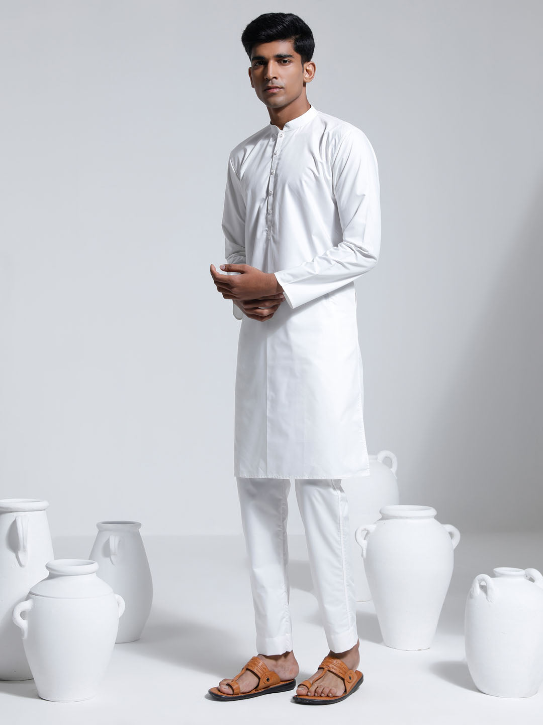 Men's White Cotton Silk Kurta And Pyjama Set