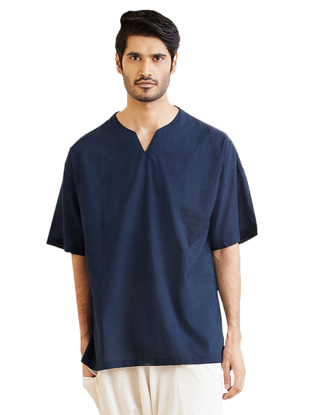 Men's Navy Blue Cotton Short Kurta