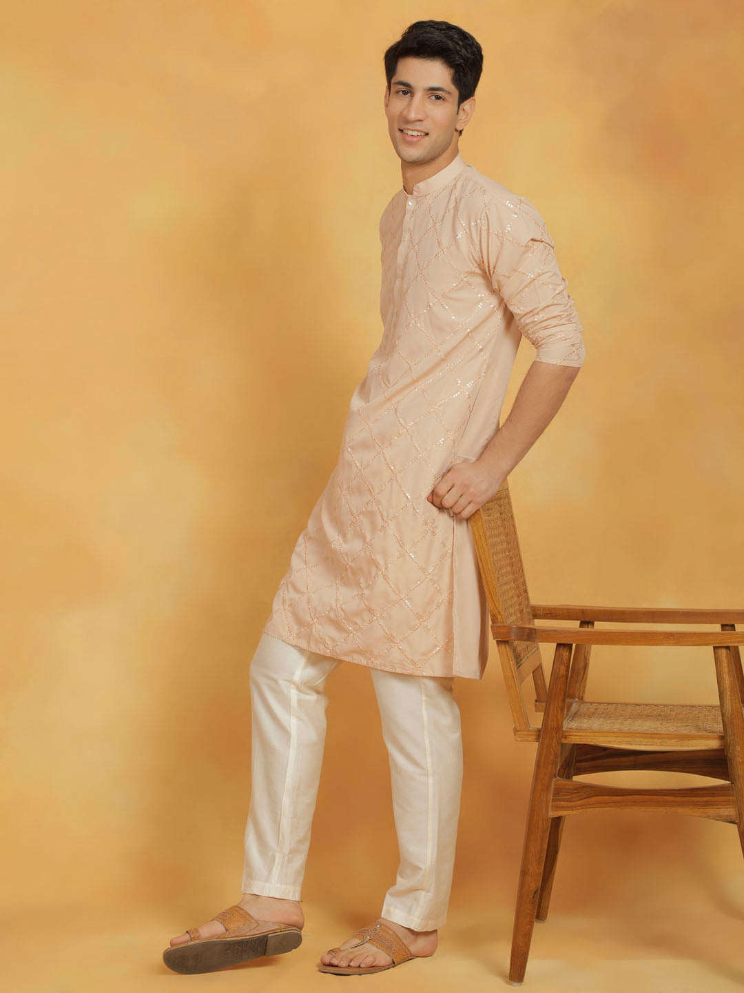 Men's Peach Viscose Kurta