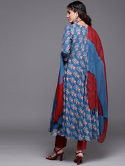 women indigo kurta set paired with pant and tie and dye chiffon dupatta