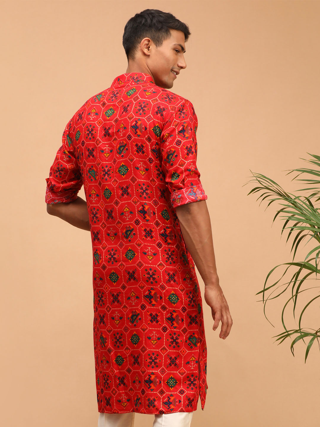 Men's Red Cotton Blend Kurta