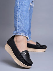 Shoetopia upper Bow Detailed Black Loafers For Women & Gilrs