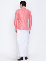 Men's Pink and White Silk Blend Shirt And Mundu