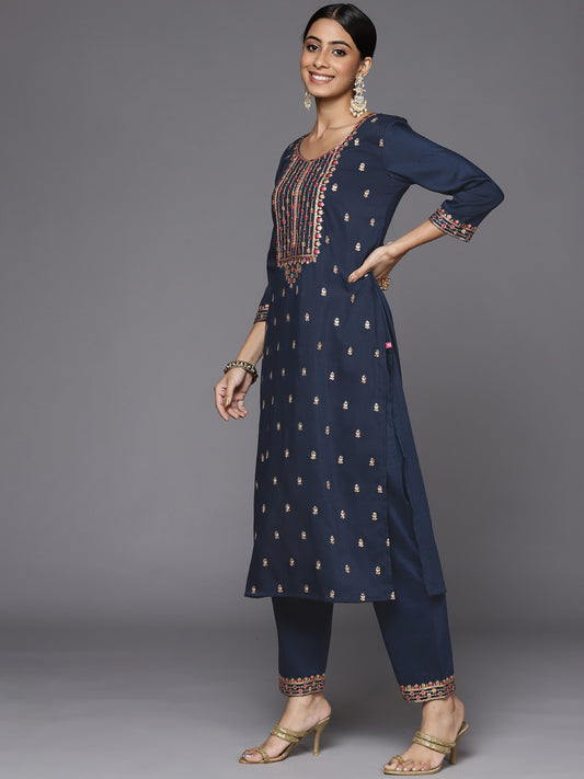 Blue embroidered kurta with tonal bottom and printed dupatta