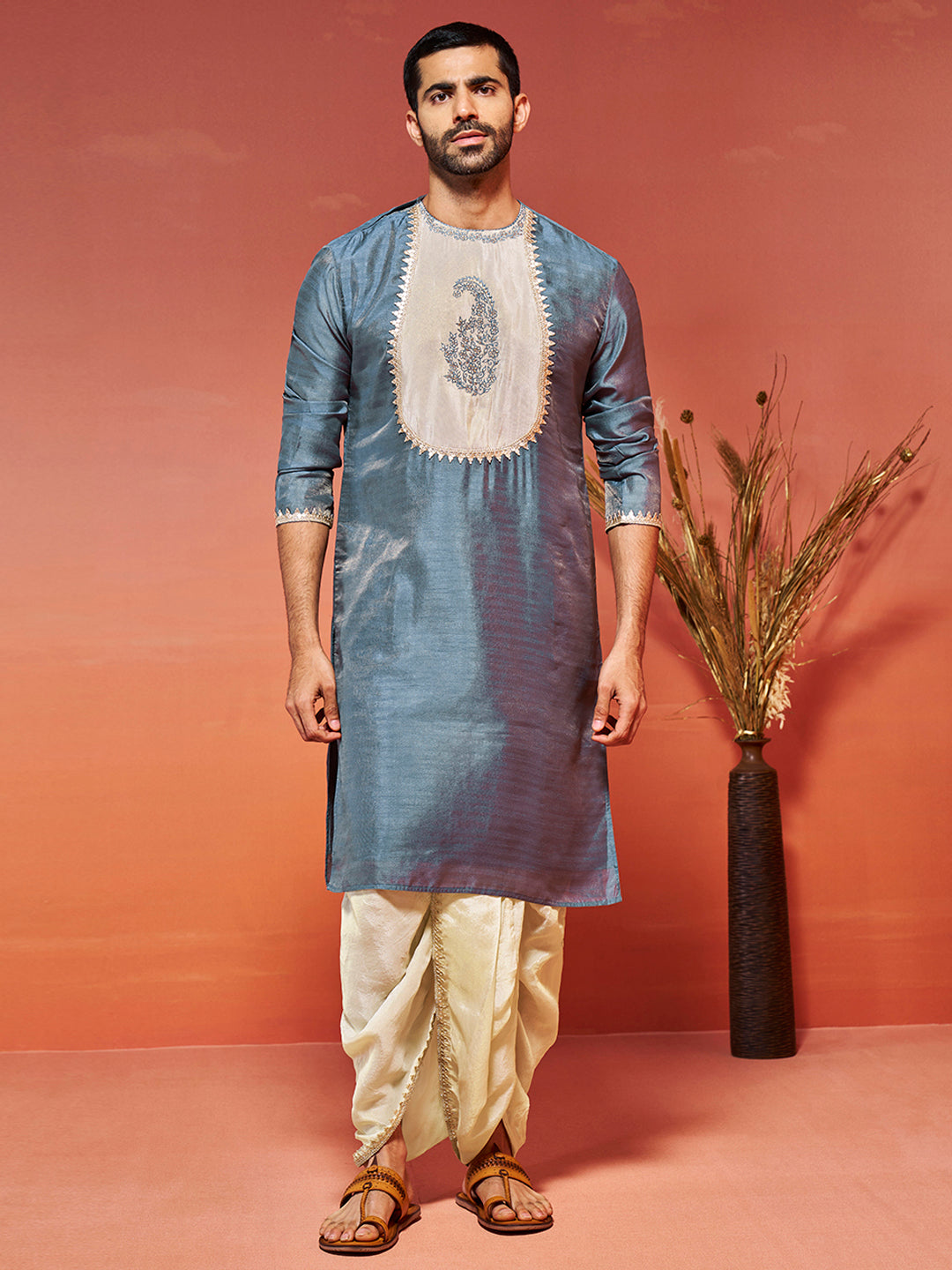 Men's Gray Silk Blend Kurta And Dhoti Set