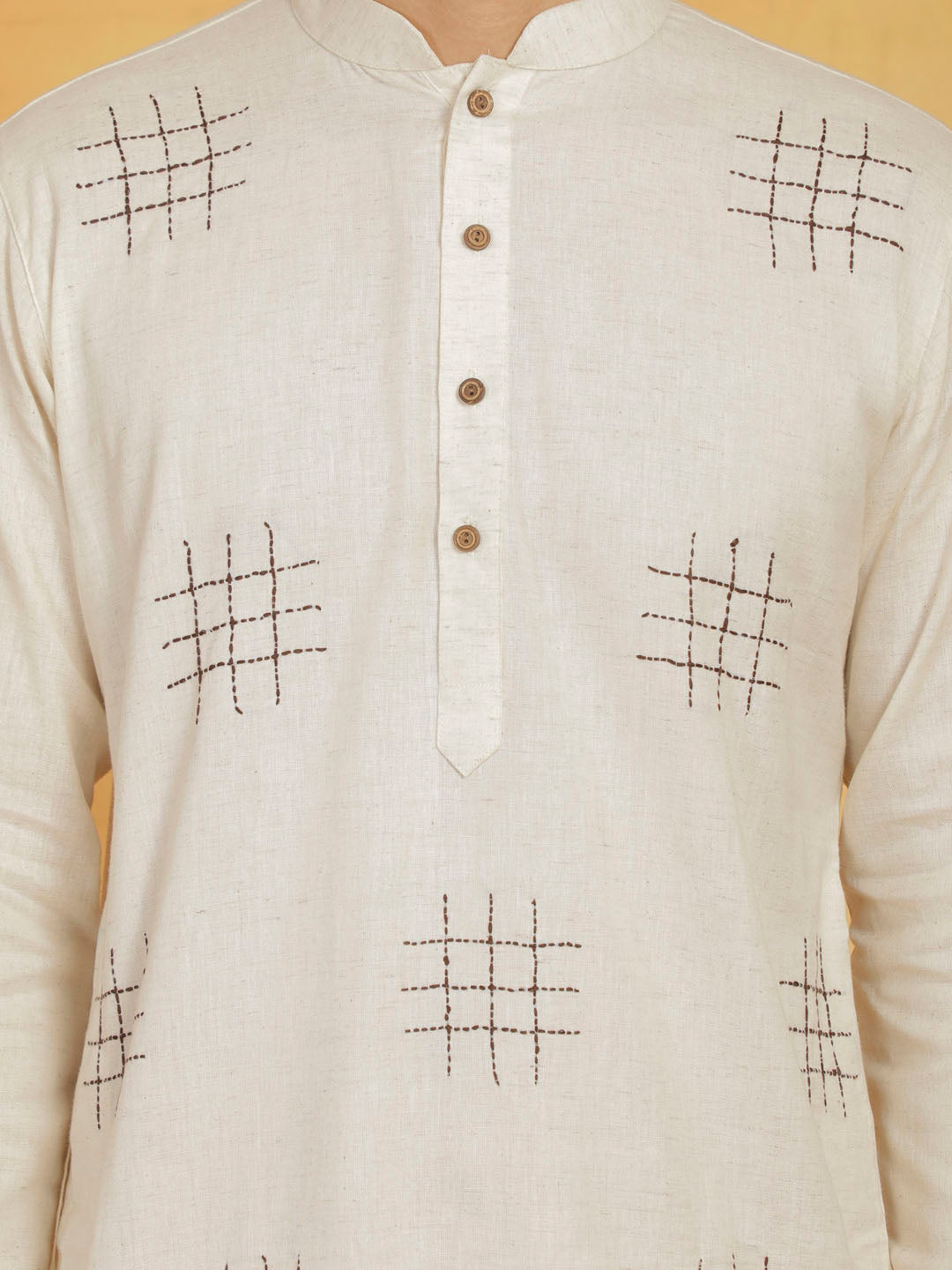 Men's Cream And White  Kora Kurta Pyjama Set