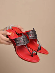 Shoetopia Classic Heeled Red Kolhapuri For Women & Girls