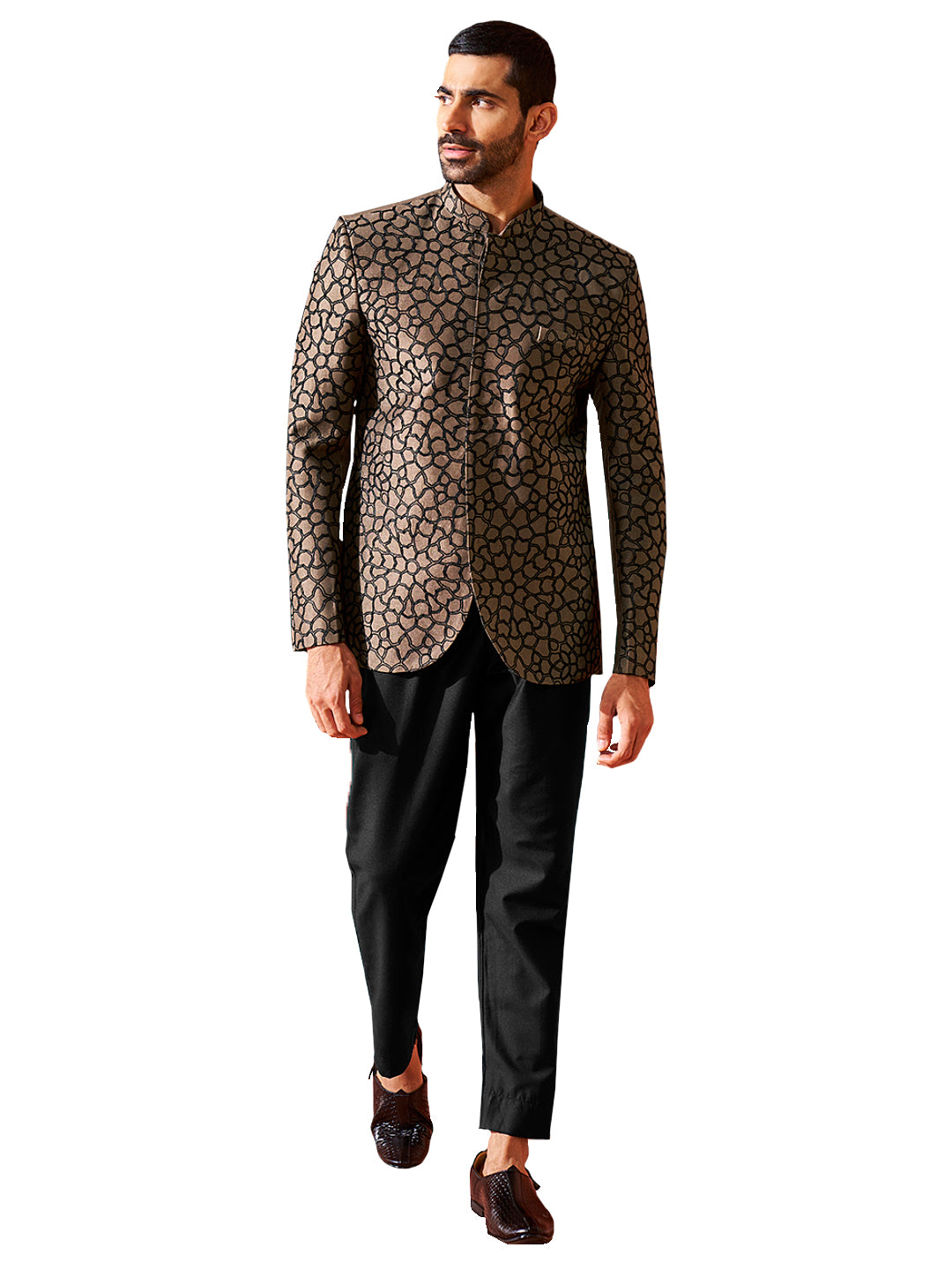 Men's Coffee And Black Silk Blend Jodhpuri,Pyjama Set