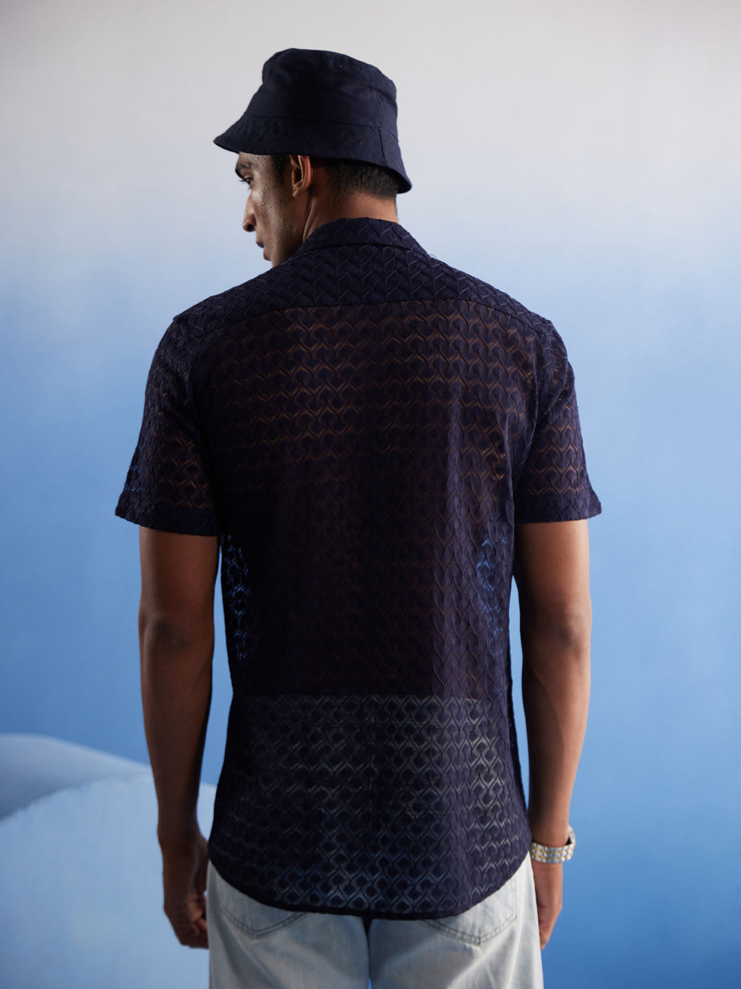 Men's Blue Net Ethnic Shirt