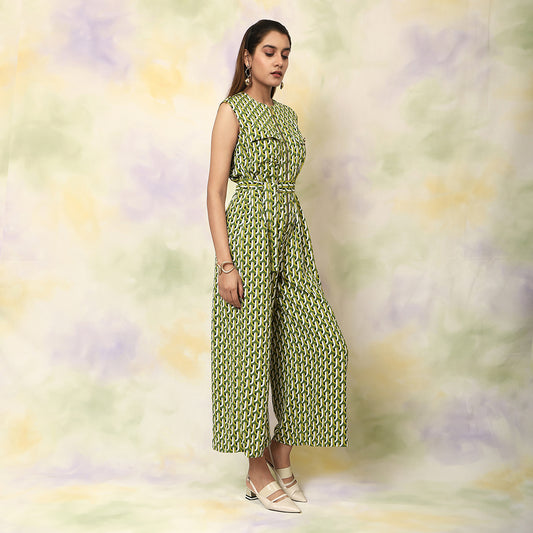 Printed Green Zipper Jumpsuit