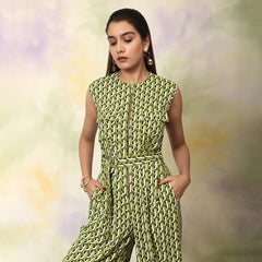 Printed Green Zipper Jumpsuit