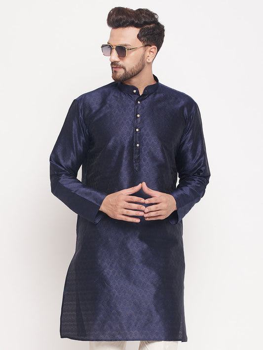 Men Navy Blue Silk Blend Kurta