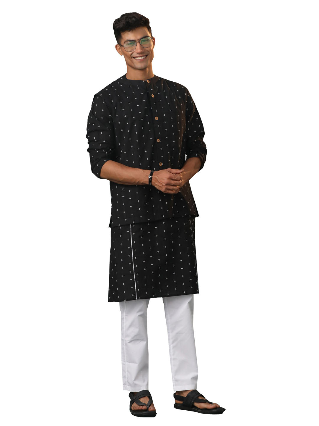 Men's Black And White Cotton Jacket, Kurta and Pyjama Set