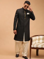 Men's Black And Cream Viscose Sherwani Set