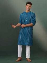 Men's Turquoise And White Cotton Kurta Pyjama Set