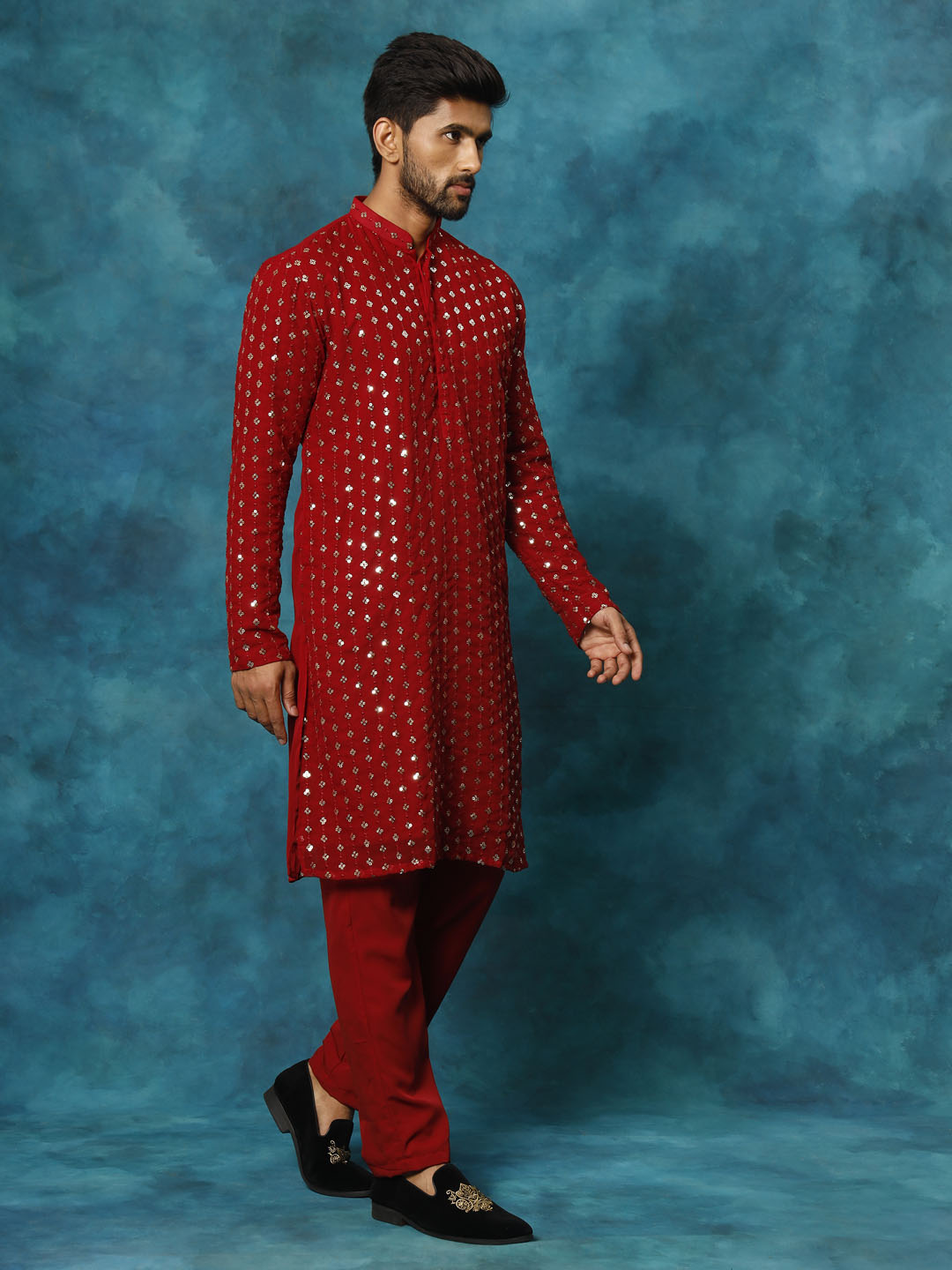 Men's Maroon Georgette Kurta Pyjama Set