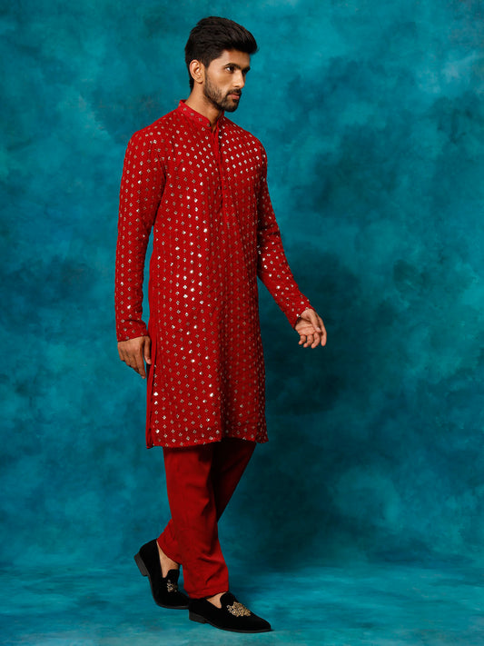 Men's Maroon Georgette Kurta Pyjama Set