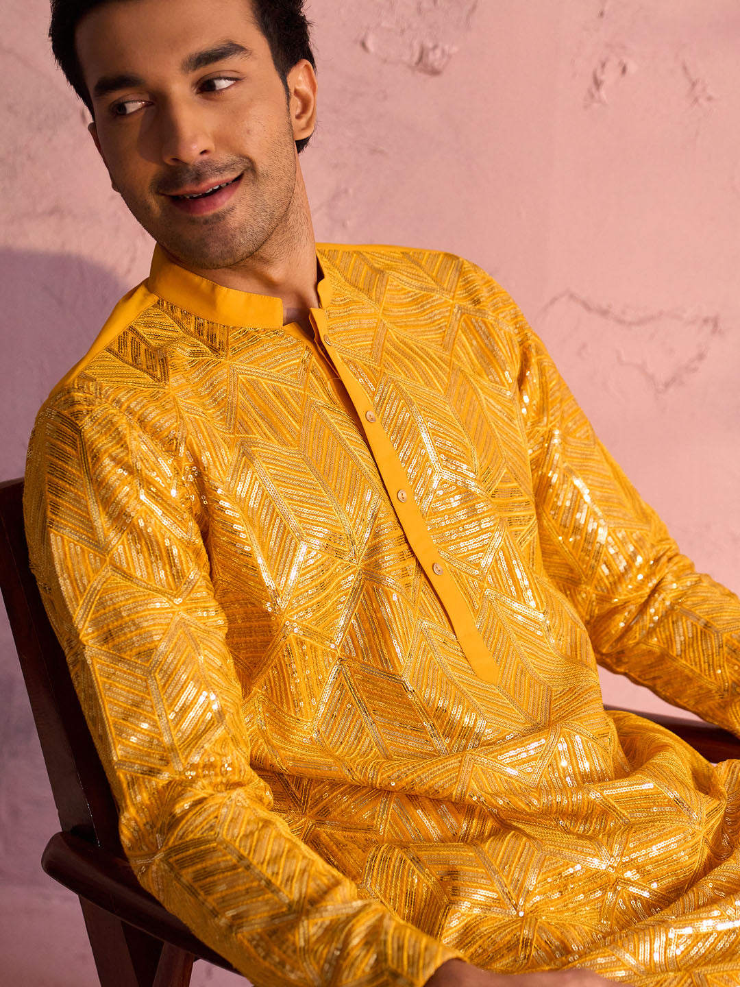 Men's Yellow And Cream Georgette Kurta Pyjama Set