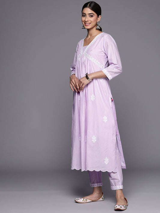 Women Lavender Embroidered A-Line Empire Kurta Paired With Tonal Bottom And Tonal Embroidered Dupatta