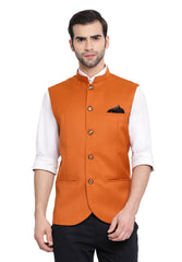 Men's Orange Cotton Silk Nehru Jacket