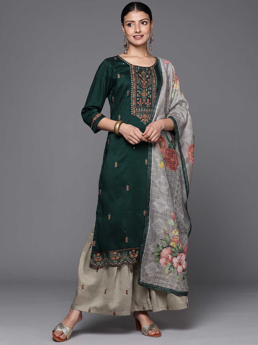 Women Green Three Quater Sleeve Embroidered Kurta Paired With Sharara And Dupatta