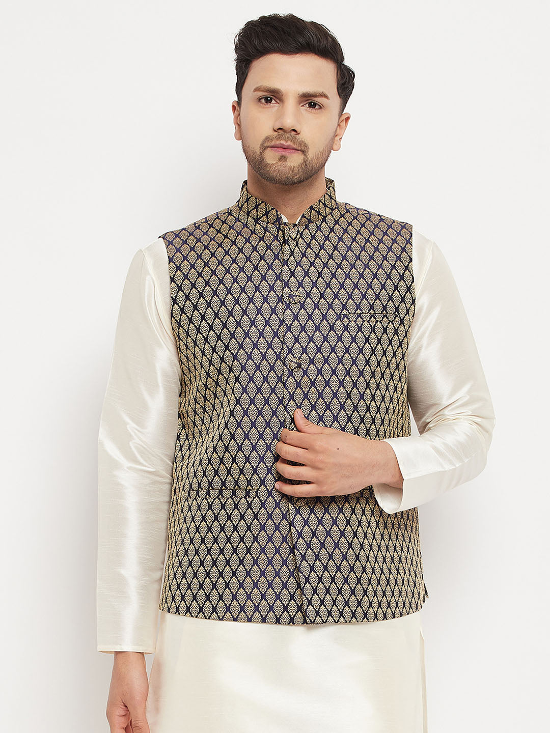 Men's Blue Silk Blend Nehru Jacket