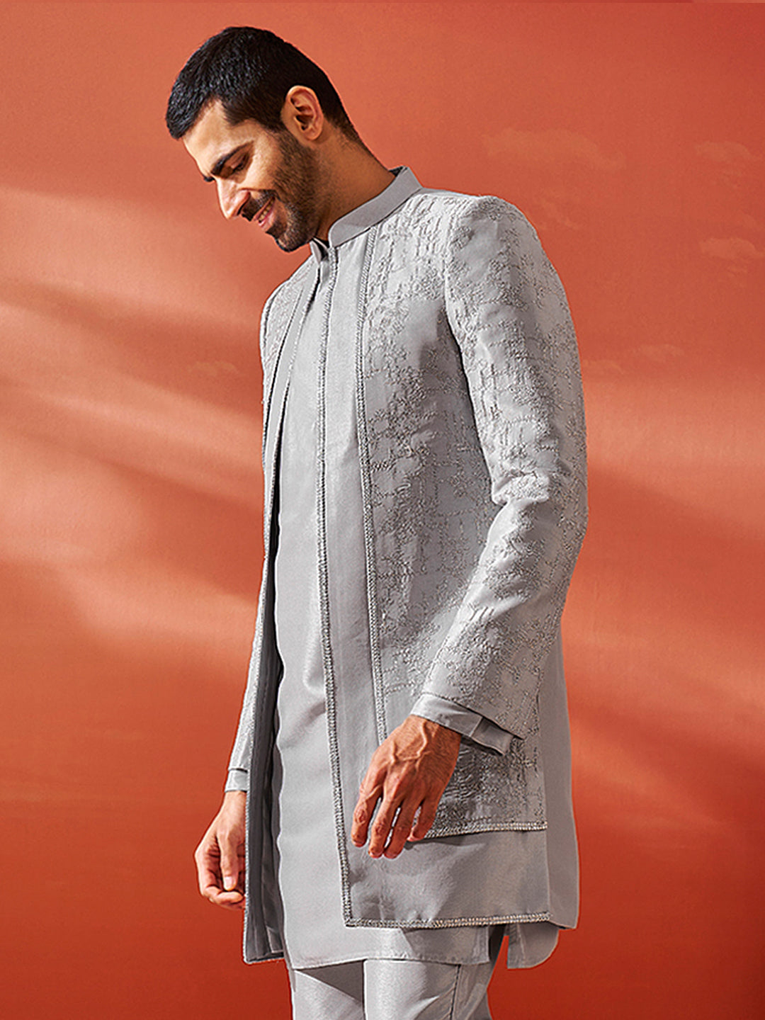 Men's Silver Silk Blend Sherwani Only Top