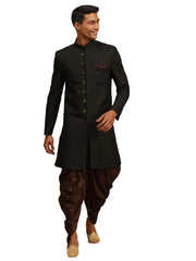 Men's Black And Brown Silk Blend Sherwani Set