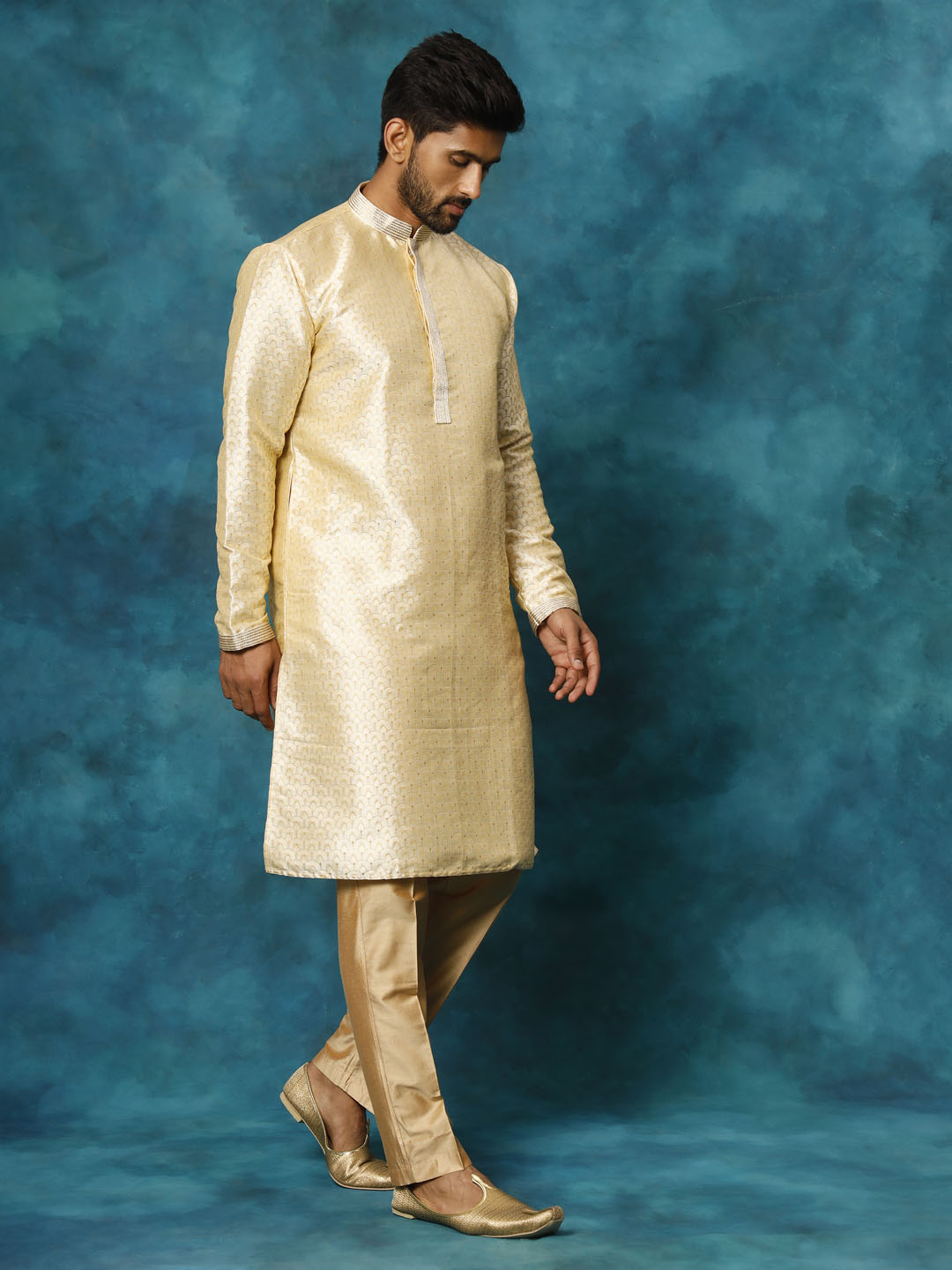 Men's Gold And Rose Gold Silk Blend Kurta Pyjama Set