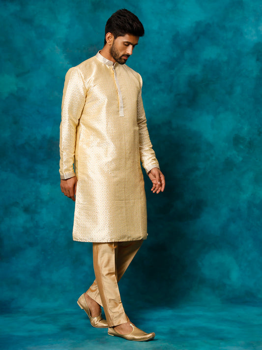 Men's Gold And Rose Gold Silk Blend Kurta Pyjama Set