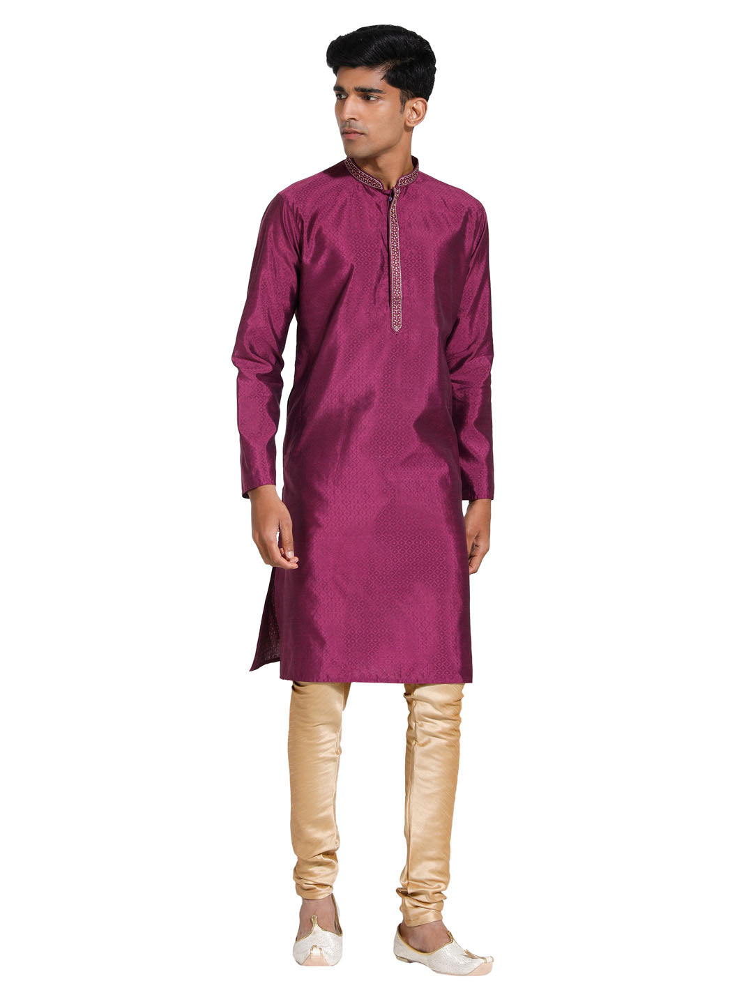 Men's Purple And Cream Silk Blend Kurta Pyjama Set