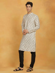 Men's Cream And Black Cotton Blend Kurta And Pyjama Set